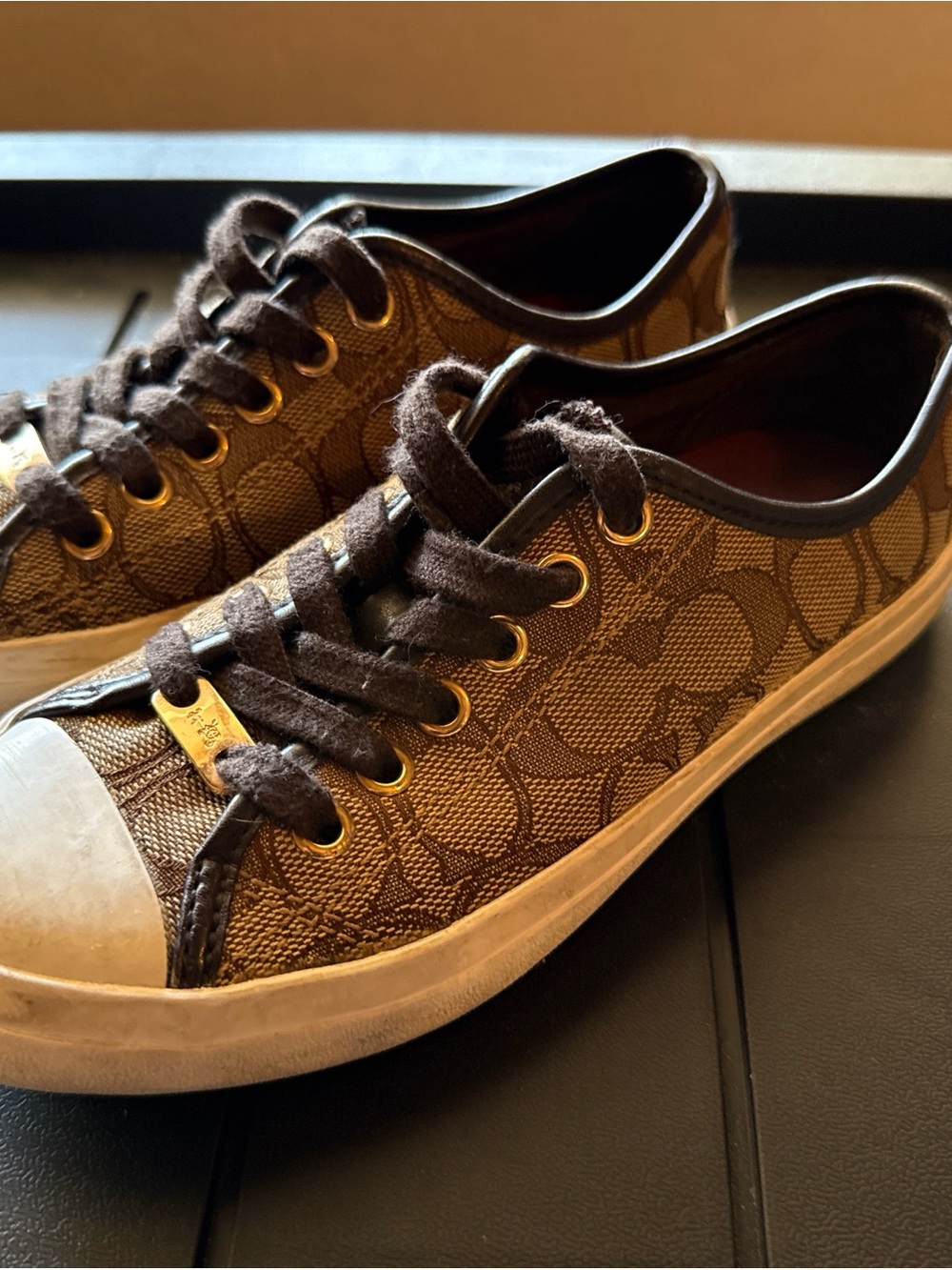 Coach Dark Brown Signature Canvas Low-Top Sneakers with Gold Accents